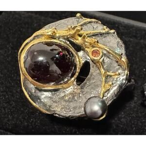 Alaskan Garnet Ring With Tahitian Pearl And Sapphire Set In Sterling Silver